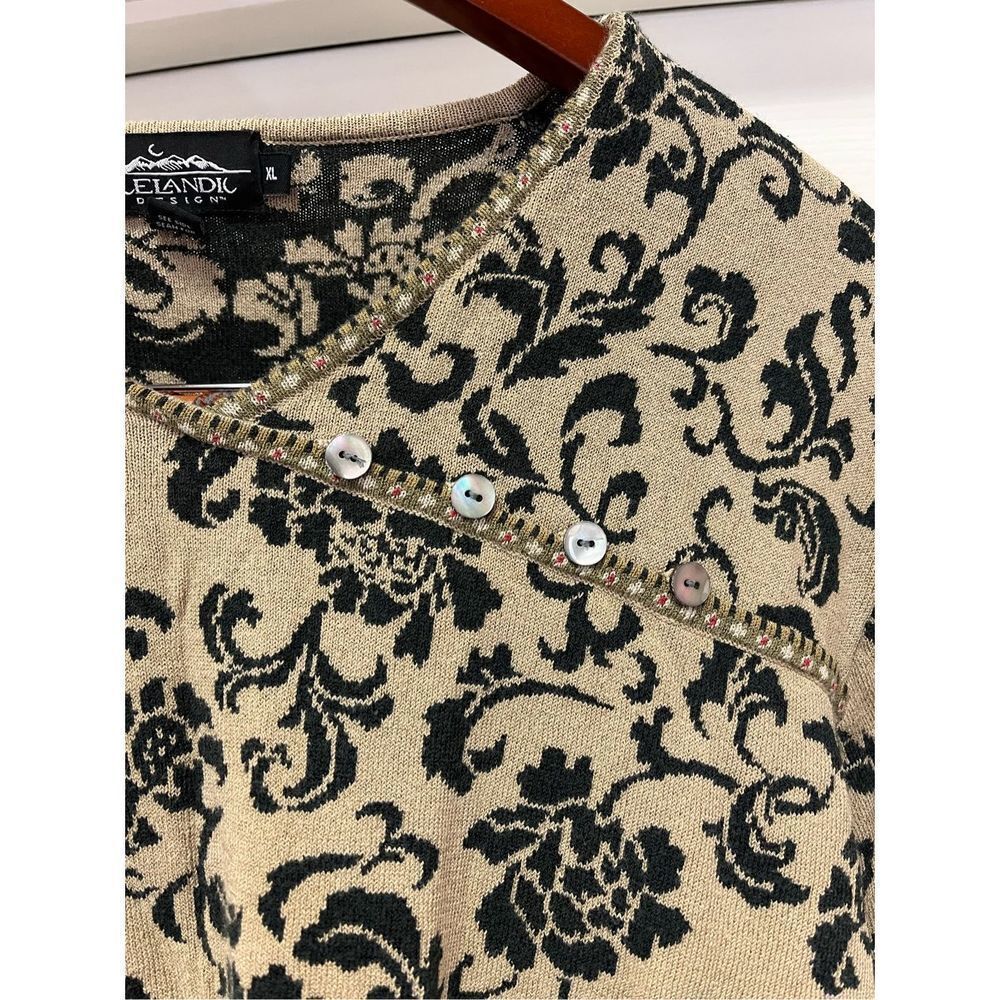 Icelandic Tan & Black Cross Button V-Neck Floral … - image 2